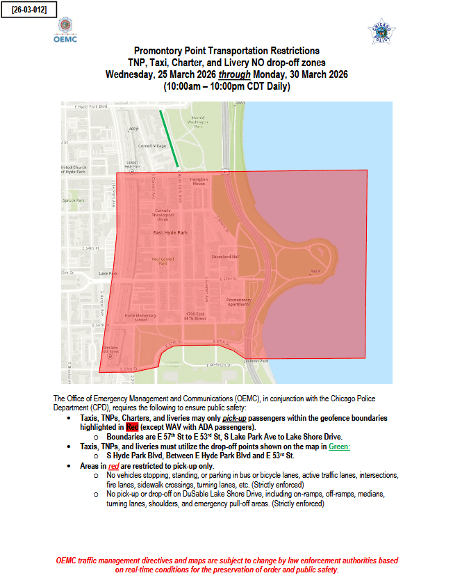 Official OEMC Notice – Promontory Point Transportation Restrictions (TNP, Taxi, Charter, and Livery NO drop-off zones) Wednesday, 25 March 2026 through Monday, 30 March 2026 (10:00am – 10:00pm CDT Daily)